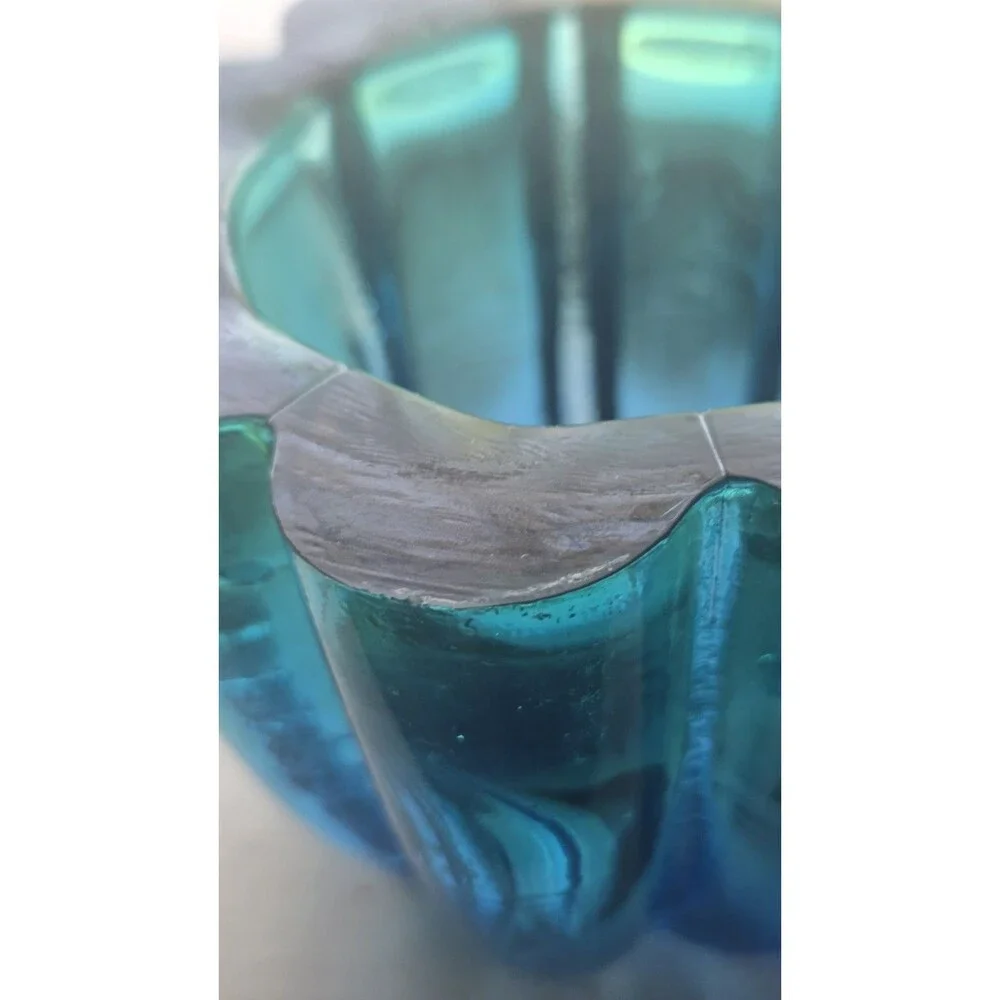 Vintage recycled glass votive bowl in Turquoise Blue/ Green Ombre Made in Spain